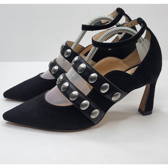 Vince Camuto 8.5M Krellen Black Suede Silver Studded 3" Heel Ankle Strap Dressy - Picture 2 of 12
